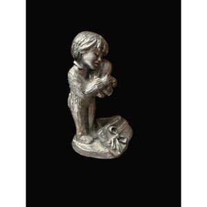 Michael Ricker Pewter Figurine Boy Hugging dog  On Gift Box Cute Collectible